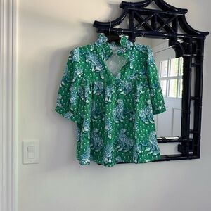 Green and Blue Boxy ruffle Blouse with 3/4 Sleeves